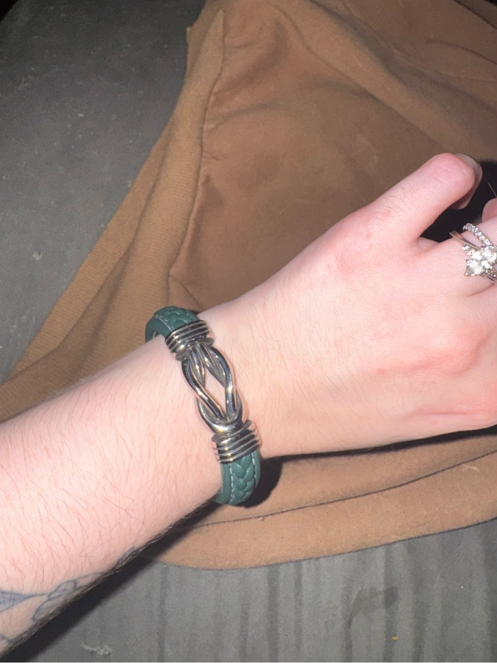 Green Braided Leather Bracelet with Silver Accent